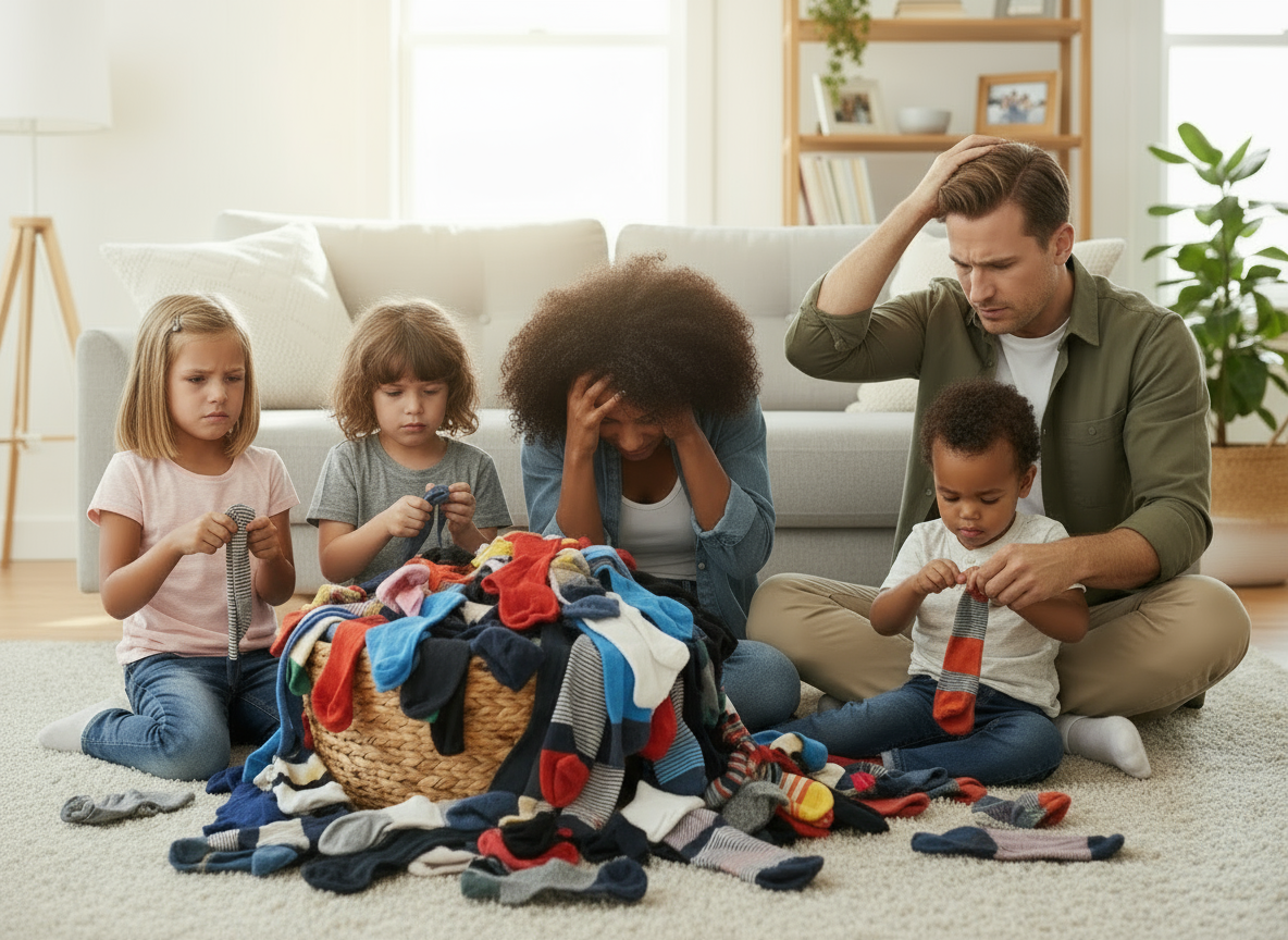 Parents happily holding SOCKSAC mesh laundry bags with coloured hearts